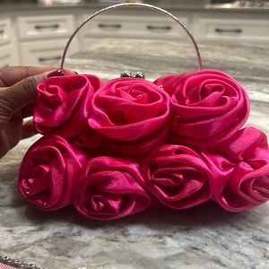 Hot Pink Satin Evening Clutch Bag w/ Detachable Chain